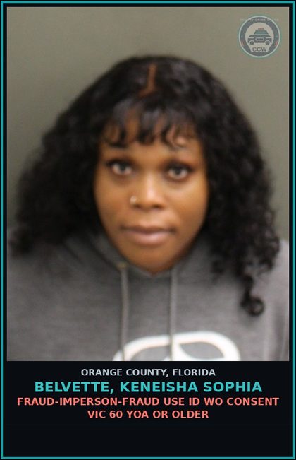 CCW arrest card for BELVETTE, KENEISHA SOPHIA in Orange County: FRAUD-IMPERSON-FRAUD USE ID WO CONSENT VIC 60 YOA OR OLDER