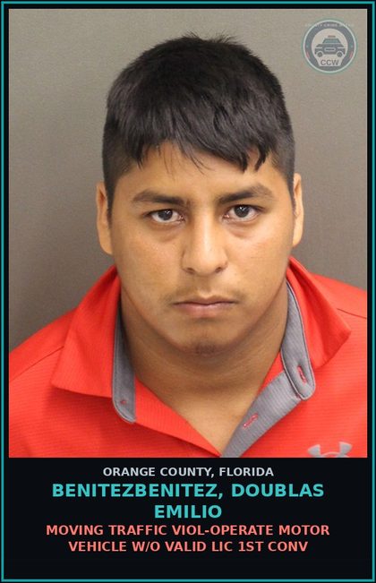 CCW arrest card for BENITEZBENITEZ, DOUBLAS EMILIO in Orange County: MOVING TRAFFIC VIOL-OPERATE MOTOR VEHICLE W/O VALID LIC 1ST CONV