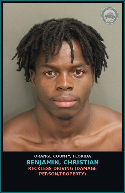 CCW arrest card for BENJAMIN, CHRISTIAN in Orange County: RECKLESS DRIVING (DAMAGE PERSON/PROPERTY)