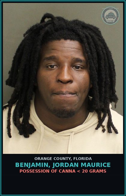 CCW arrest card for BENJAMIN, JORDAN MAURICE in Orange County: POSSESSION OF Canna < 20 GRAMS