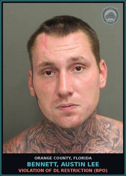 CCW arrest card for BENNETT, AUSTIN LEE in Orange County: VIOLATION OF DL RESTRICTION (BPO)
