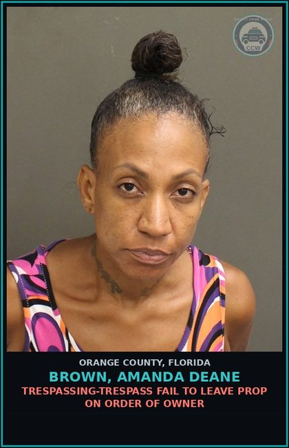 CCW arrest card for BROWN, AMANDA DEANE in Orange County: TRESPASSING-TRESPASS FAIL TO LEAVE PROP ON ORDER OF OWNER