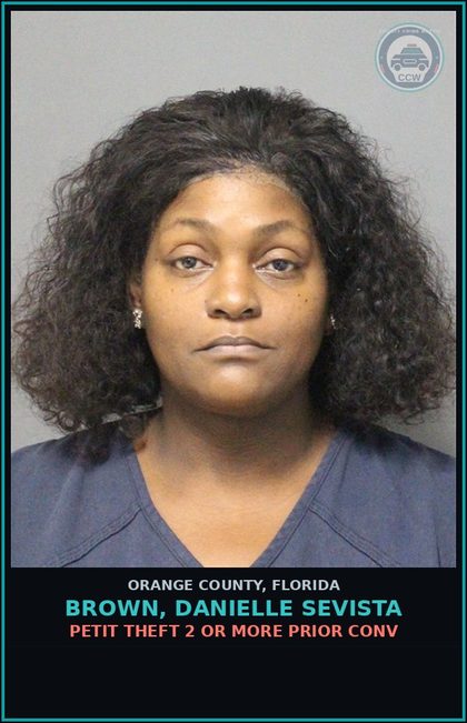 CCW arrest card for BROWN, DANIELLE SEVISTA in Orange County: PETIT THEFT 2 OR MORE PRIOR CONV