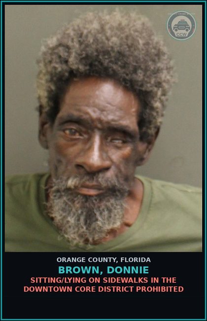 CCW arrest card for BROWN, DONNIE in Orange County: SITTING/LYING ON SIDEWALKS IN THE DOWNTOWN CORE DISTRICT PROHIBITED