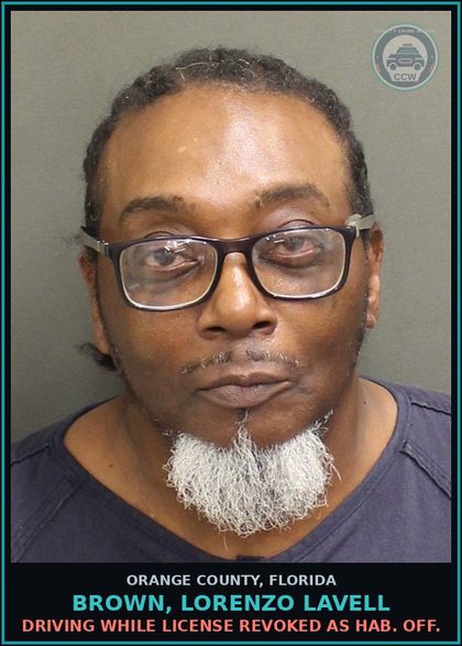 CCW arrest card for BROWN, LORENZO LAVELL in Orange County: DRIVING WHILE LICENSE REVOKED AS HAB. OFF.