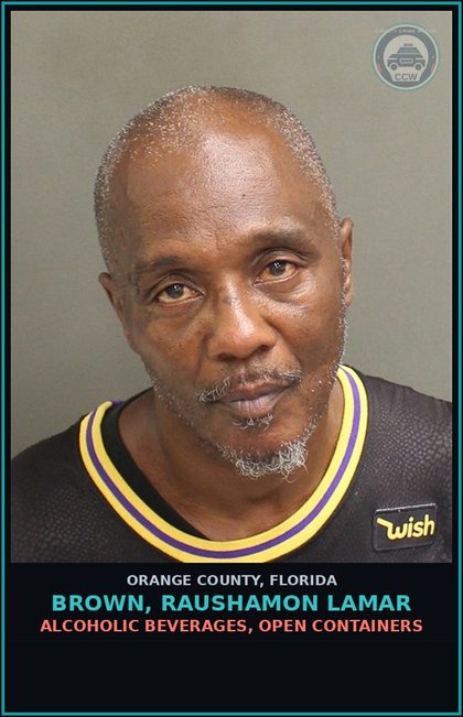 CCW arrest card for BROWN, RAUSHAMON LAMAR in Orange County: ALCOHOLIC BEVERAGES, OPEN CONTAINERS