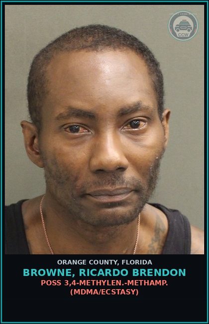 CCW arrest card for BROWNE, RICARDO BRENDON in Orange County: POSS 3,4-METHYLEN.-METHAMP. (MDMA/ECSTASY)