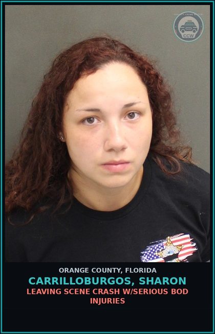 CCW arrest card for CARRILLOBURGOS, SHARON in Orange County: LEAVING SCENE CRASH W/SERIOUS BOD INJURIES