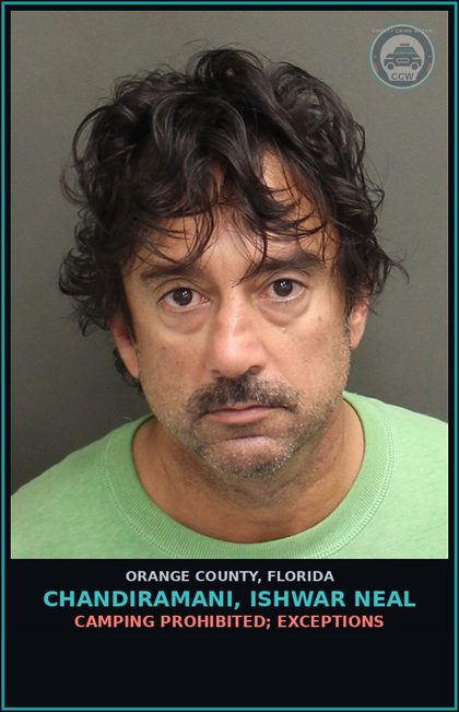 CCW arrest card for CHANDIRAMANI, ISHWAR NEAL in Orange County: CAMPING PROHIBITED; EXCEPTIONS