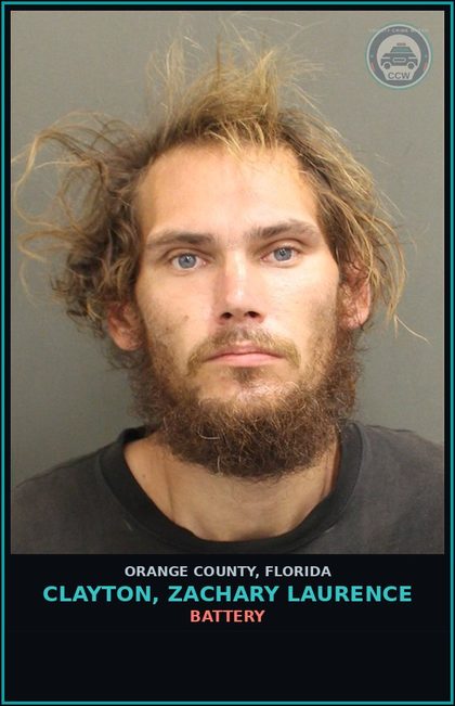 CCW arrest card for CLAYTON, ZACHARY LAURENCE in Orange County: BATTERY