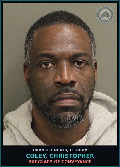 CCW arrest card for COLEY, CHRISTOPHER in Orange County: BURGLARY OF CONVEYANCE