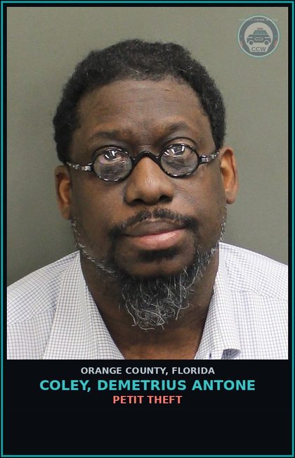 CCW arrest card for COLEY, DEMETRIUS ANTONE in Orange County: WRITTEN/ELEC THREAT TO KILL BODILY HARM ANOTHER