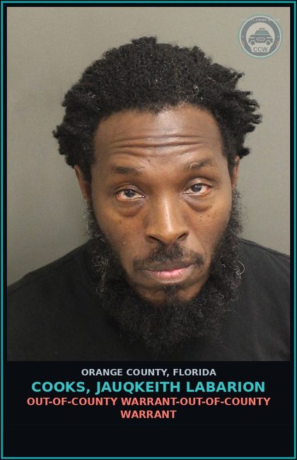 CCW arrest card for COOKS, JAUQKEITH LABARION in Orange County: OUT-OF-COUNTY WARRANT-OUT-OF-COUNTY WARRANT