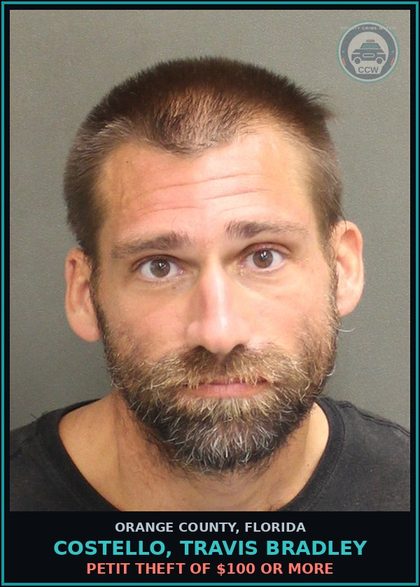 CCW arrest card for COSTELLO, TRAVIS BRADLEY in Orange County: PETIT THEFT OF $100 OR MORE