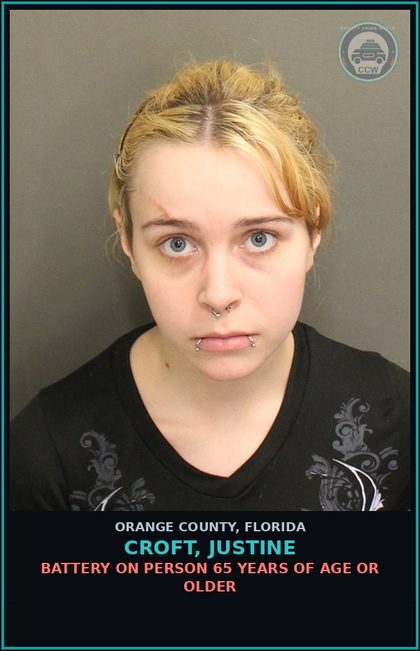 CCW arrest card for CROFT, JUSTINE in Orange County: BATTERY ON PERSON 65 YEARS OF AGE OR OLDER