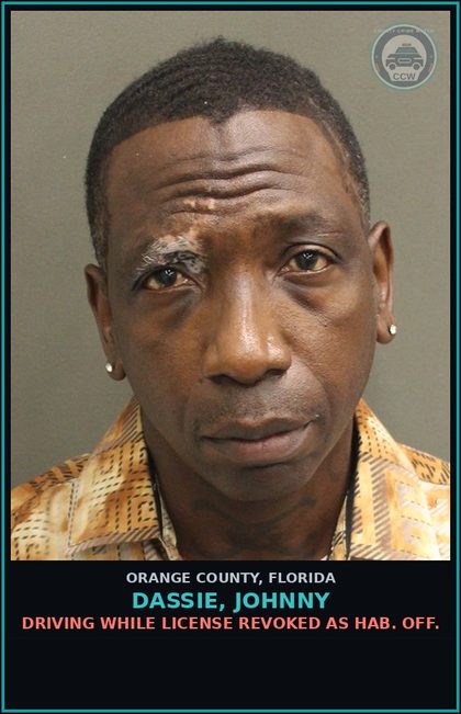 CCW arrest card for DASSIE, JOHNNY in Orange County: DRIVING WHILE LICENSE REVOKED AS HAB. OFF.