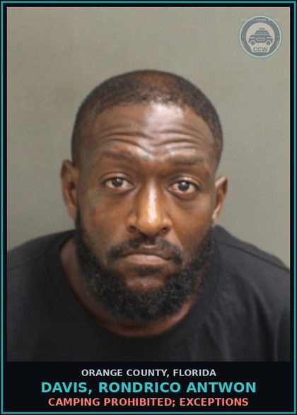 CCW arrest card for DAVIS, RONDRICO ANTWON in Orange County: CAMPING PROHIBITED; EXCEPTIONS