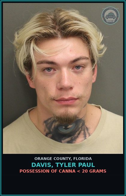 CCW arrest card for DAVIS, TYLER PAUL in Orange County: POSSESSION OF Canna < 20 GRAMS