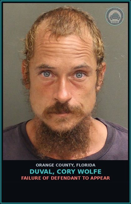 CCW arrest card for DUVAL, CORY WOLFE in Orange County: FAILURE OF DEFENDANT TO APPEAR