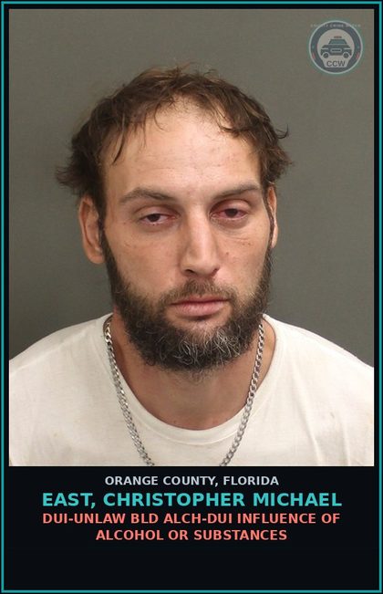 CCW arrest card for EAST, CHRISTOPHER MICHAEL in Orange County: DUI-UNLAW BLD ALCH-DUI INFLUENCE OF ALCOHOL OR DRUGS