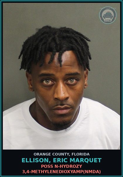 CCW arrest card for ELLISON, ERIC MARQUET in Orange County: POSS N-HYDROZY 3,4-METHYLENEDIOXYAMP(NMDA)