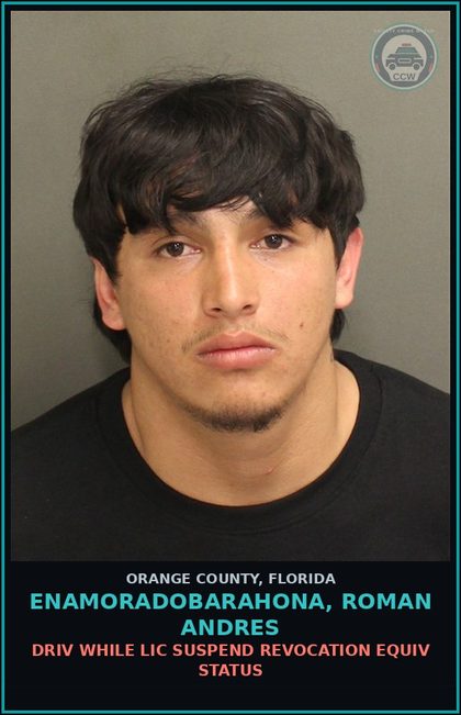 CCW arrest card for ENAMORADOBARAHONA, ROMAN ANDRES in Orange County: DRIV WHILE LIC SUSPEND REVOCATION EQUIV STATUS