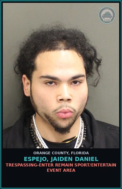 CCW arrest card for ESPEJO, JAIDEN DANIEL in Orange County: TRESPASSING-ENTER REMAIN SPORT/ENTERTAIN EVENT AREA