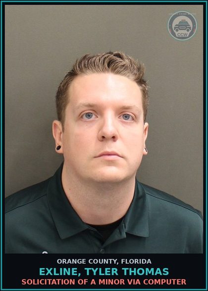 CCW arrest card for EXLINE, TYLER THOMAS in Orange County: SOLICITATION OF A MINOR VIA COMPUTER