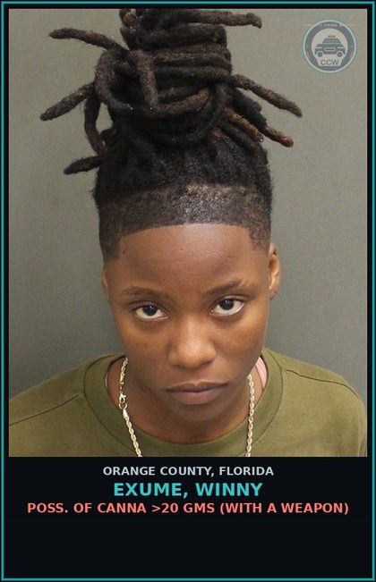 CCW arrest card for EXUME, WINNY in Orange County: POSS. OF Canna >20 GMS (WITH A WEAPON)