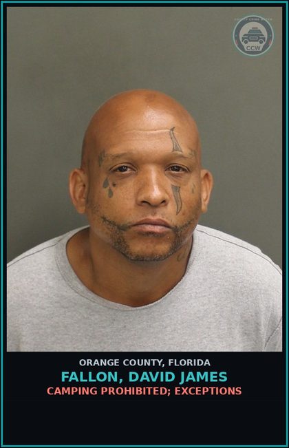 CCW arrest card for FALLON, DAVID JAMES in Orange County: CAMPING PROHIBITED; EXCEPTIONS