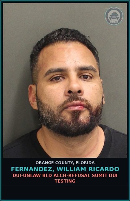 CCW arrest card for FERNANDEZ, WILLIAM RICARDO in Orange County: DUI-UNLAW BLD ALCH-REFUSAL SUMIT DUI TESTING