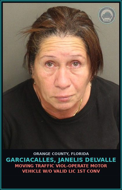 CCW arrest card for GARCIACALLES, JANELIS DELVALLE in Orange County: MOVING TRAFFIC VIOL-OPERATE MOTOR VEHICLE W/O VALID LIC 1ST CONV