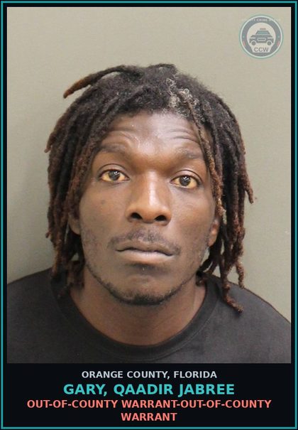 CCW arrest card for GARY, QAADIR JABREE in Orange County: OUT-OF-COUNTY WARRANT-OUT-OF-COUNTY WARRANT