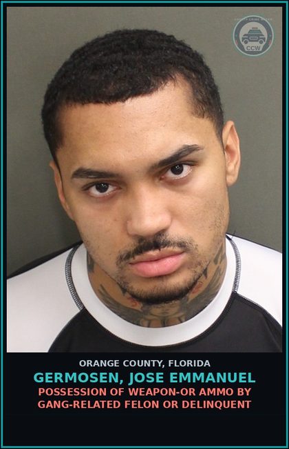 CCW arrest card for GERMOSEN, JOSE EMMANUEL in Orange County: POSSESSION OF WEAPON-OR AMMO BY GANG-RELATED FELON OR DELINQUENT