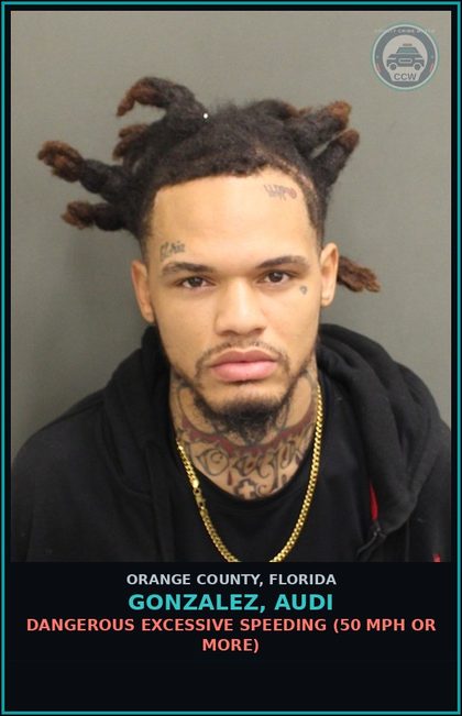 CCW arrest card for GONZALEZ, AUDI in Orange County: DANGEROUS EXCESSIVE SPEEDING (50 MPH OR MORE)