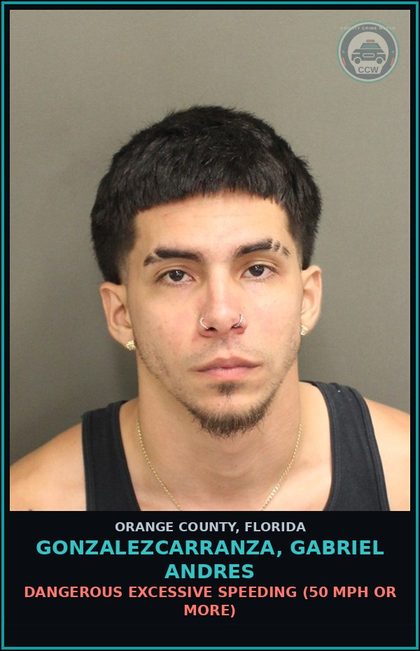 CCW arrest card for GONZALEZCARRANZA, GABRIEL ANDRES in Orange County: DANGEROUS EXCESSIVE SPEEDING (50 MPH OR MORE)