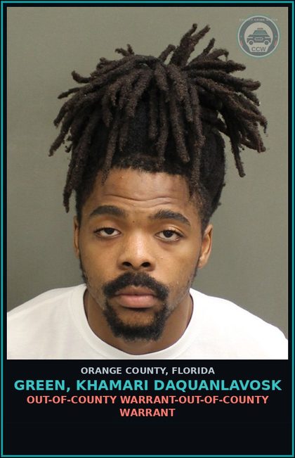 CCW arrest card for GREEN, KHAMARI DAQUANLAVOSK in Orange County: OUT-OF-COUNTY WARRANT-OUT-OF-COUNTY WARRANT