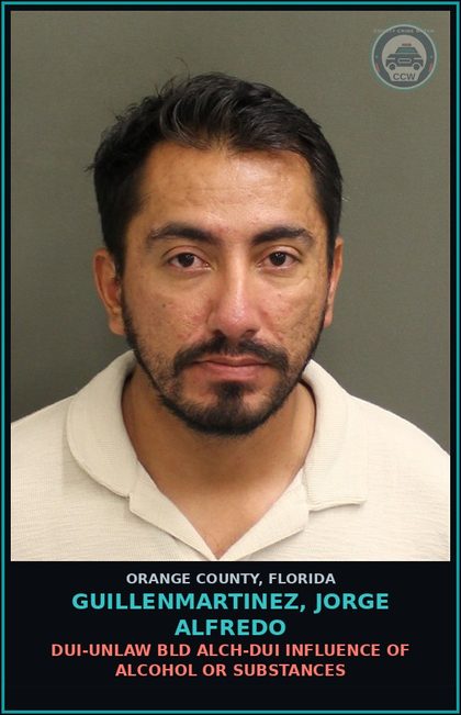 CCW arrest card for GUILLENMARTINEZ, JORGE ALFREDO in Orange County: DUI-UNLAW BLD ALCH-DUI INFLUENCE OF ALCOHOL OR DRUGS