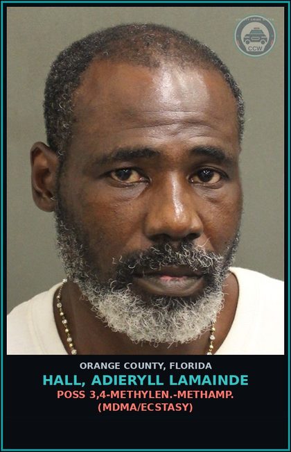 CCW arrest card for HALL, ADIERYLL LAMAINDE in Orange County: POSS 3,4-METHYLEN.-METHAMP. (MDMA/ECSTASY)