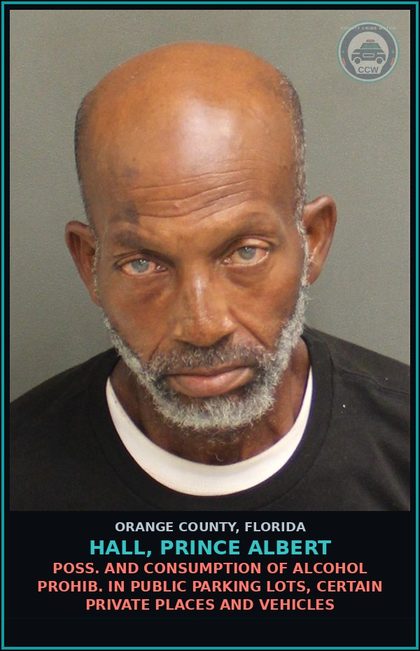 CCW arrest card for HALL, PRINCE ALBERT in Orange County: POSS. AND CONSUMPTION OF ALCOHOL PROHIB. IN PUBLIC PARKING LOTS, CERTAIN PRIVATE PLACES AND VEHICLES