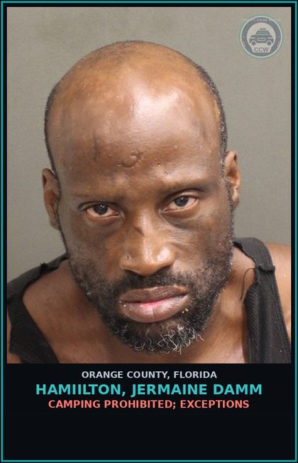 CCW arrest card for HAMIILTON, JERMAINE DAMM in Orange County: CAMPING PROHIBITED; EXCEPTIONS