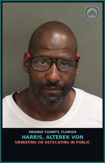 CCW arrest card for HARRIS, ALTEREK VON in Orange County: URINATING OR DEFECATING IN PUBLIC