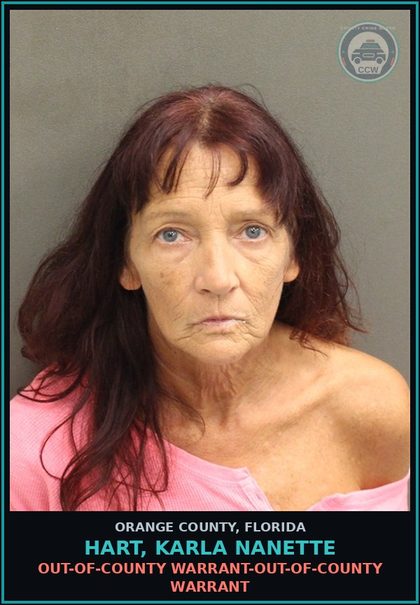 CCW arrest card for HART, KARLA NANETTE in Orange County: OUT-OF-COUNTY WARRANT-OUT-OF-COUNTY WARRANT