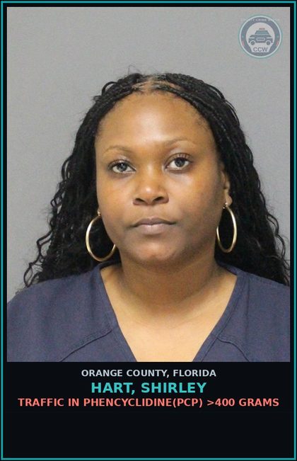 CCW arrest card for HART, SHIRLEY in Orange County: TRAFFIC IN PHENCYCLIDINE(PCP) >400 GRAMS