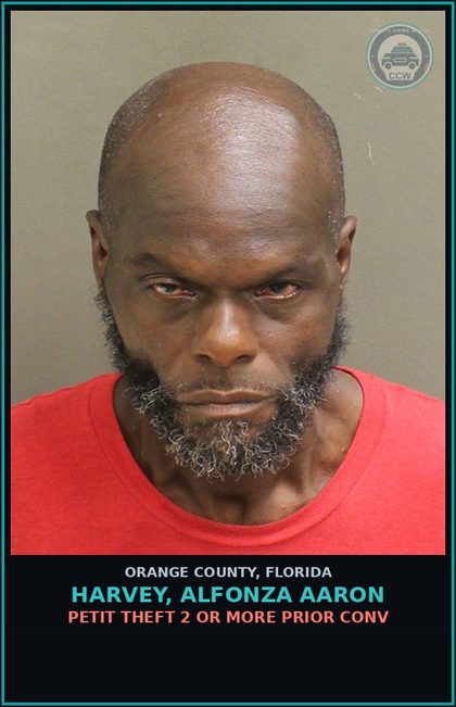 CCW arrest card for HARVEY, ALFONZA AARON in Orange County: PETIT THEFT 2 OR MORE PRIOR CONV