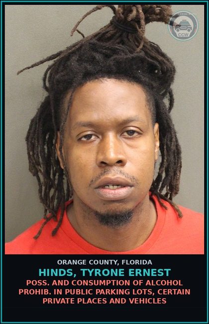 CCW arrest card for HINDS, TYRONE ERNEST in Orange County: POSS. AND CONSUMPTION OF ALCOHOL PROHIB. IN PUBLIC PARKING LOTS, CERTAIN PRIVATE PLACES AND VEHICLES