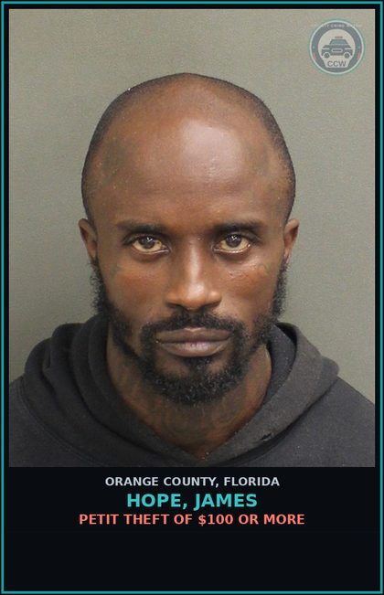 CCW arrest card for HOPE, JAMES in Orange County: PETIT THEFT OF $100 OR MORE