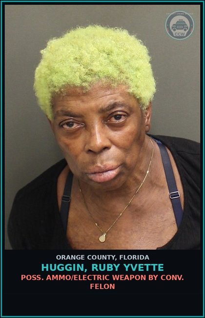 CCW arrest card for HUGGIN, RUBY YVETTE in Orange County: POSS. AMMO/ELECTRIC WEAPON BY CONV. FELON