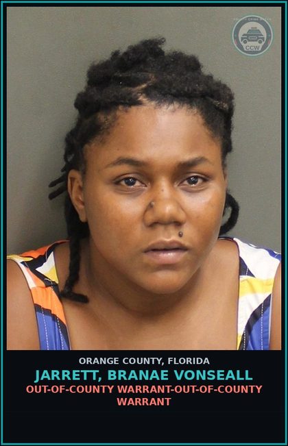 CCW arrest card for JARRETT, BRANAE VONSEALL in Orange County: OUT-OF-COUNTY WARRANT-OUT-OF-COUNTY WARRANT