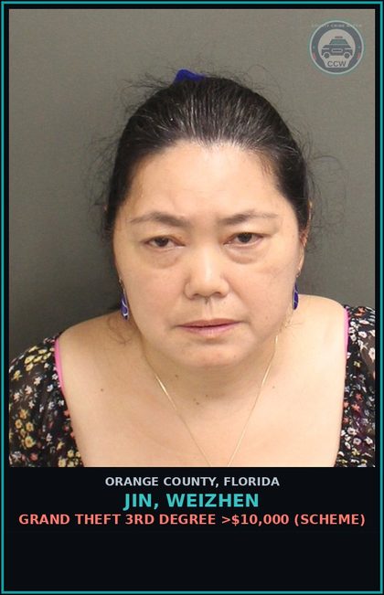 CCW arrest card for JIN, WEIZHEN in Orange County: GRAND THEFT 3RD DEGREE >$10,000 (SCHEME)